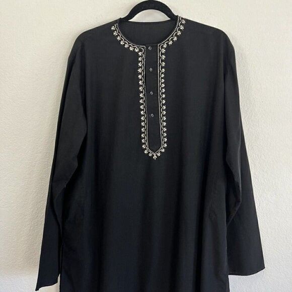Womens Black Oversized Boho Tunic Top Long Sleeve White Floral Embroidered - Picture 9 of 11